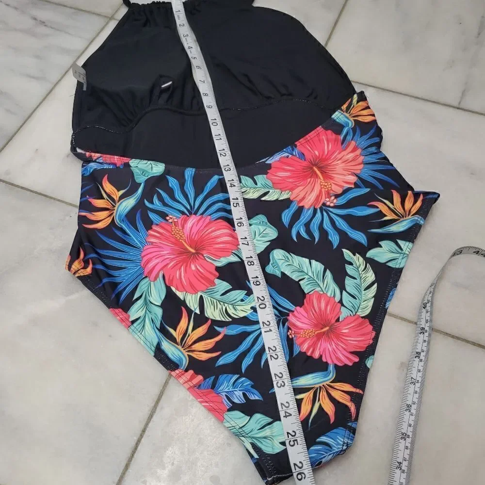 Women's Floral Print Cut Out Halter Swimsuit  Ruched Tie Neck Backless, Sz XL